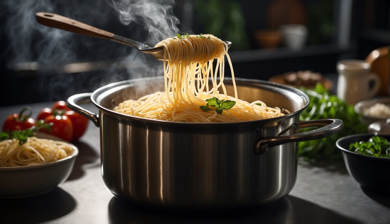 Boiling pot of spaghetti with steam rising to explain the meaning of throwing spaghetti at the wall idiom