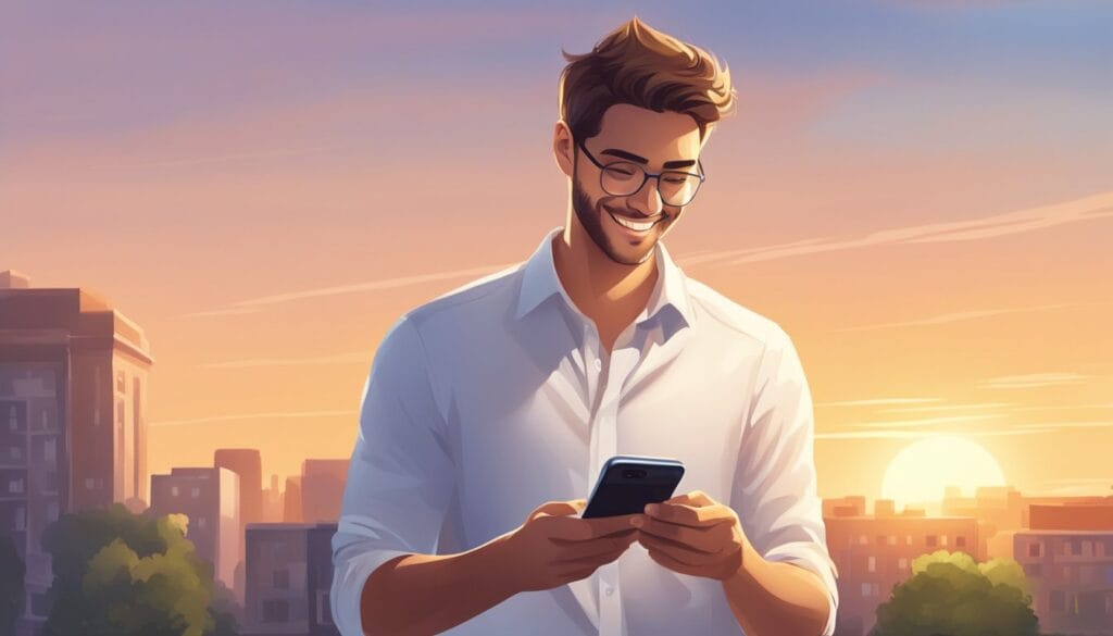 young man typing good morning message on his phone for his boss on a bright sunny morning