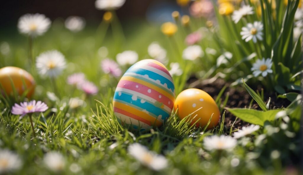 what to write in an easter card: easter eggs in a garden with flowers on a sunny day