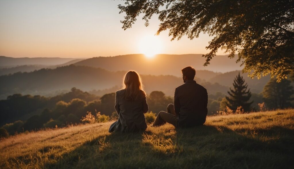 romantic couple watching the sunrise on a early morning