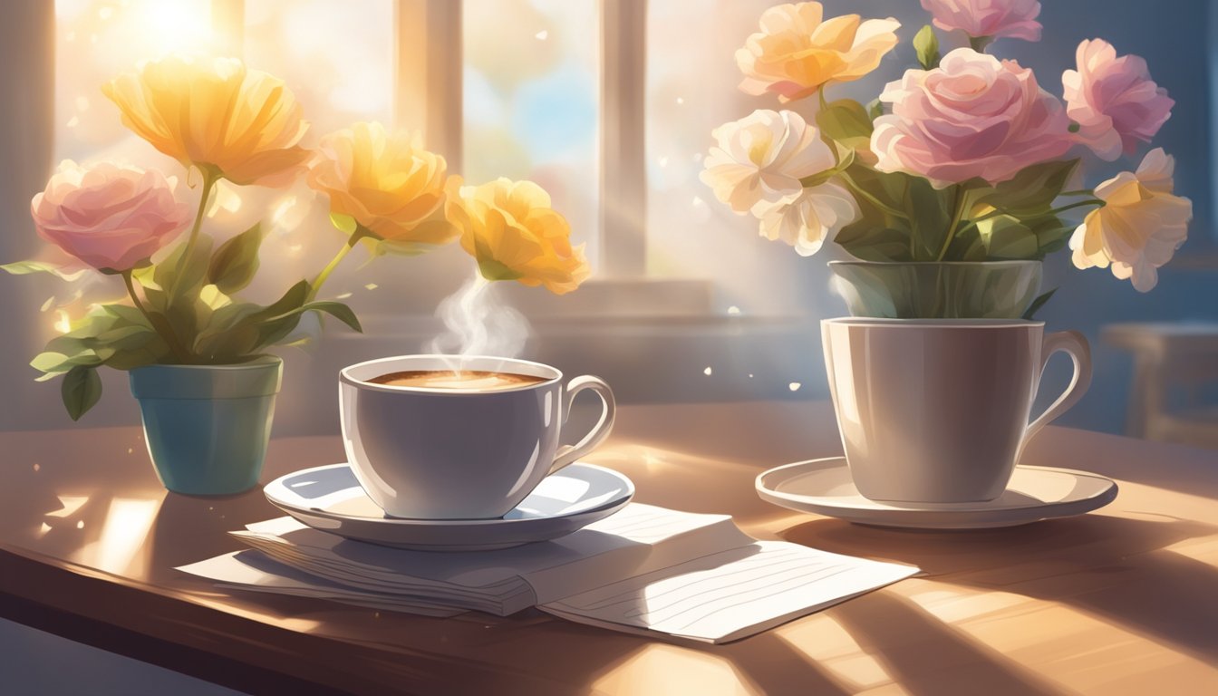 A steaming cup of coffee sits on a table, with a note reading "Good Morning, Hubby". Sunlight streams through the window, casting a warm glow on the scene