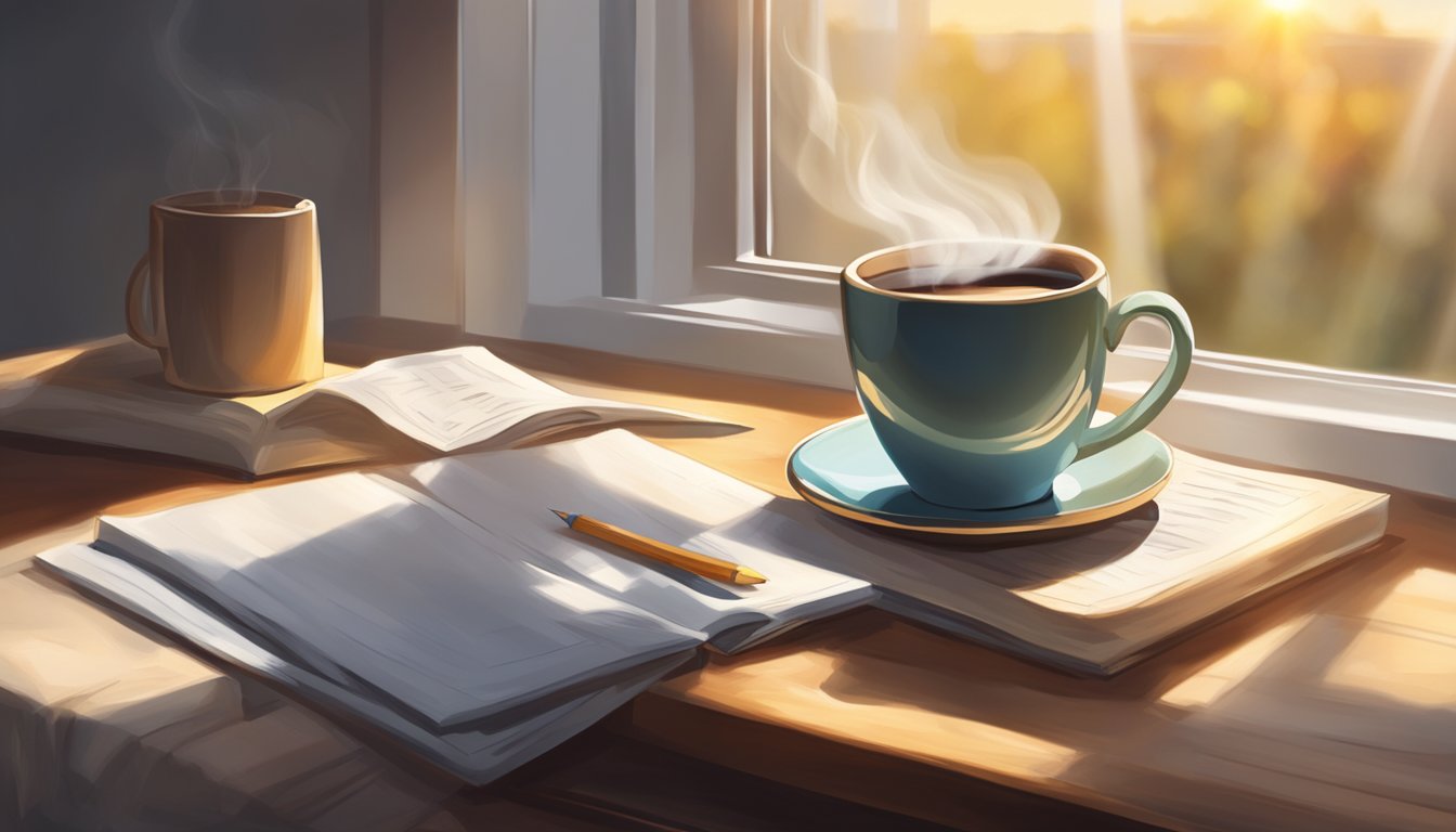 A steaming cup of coffee sits on a bedside table, with a sweet note reading "Good Morning, Love" beside it. Sunlight streams through the window, casting a warm glow on the scene