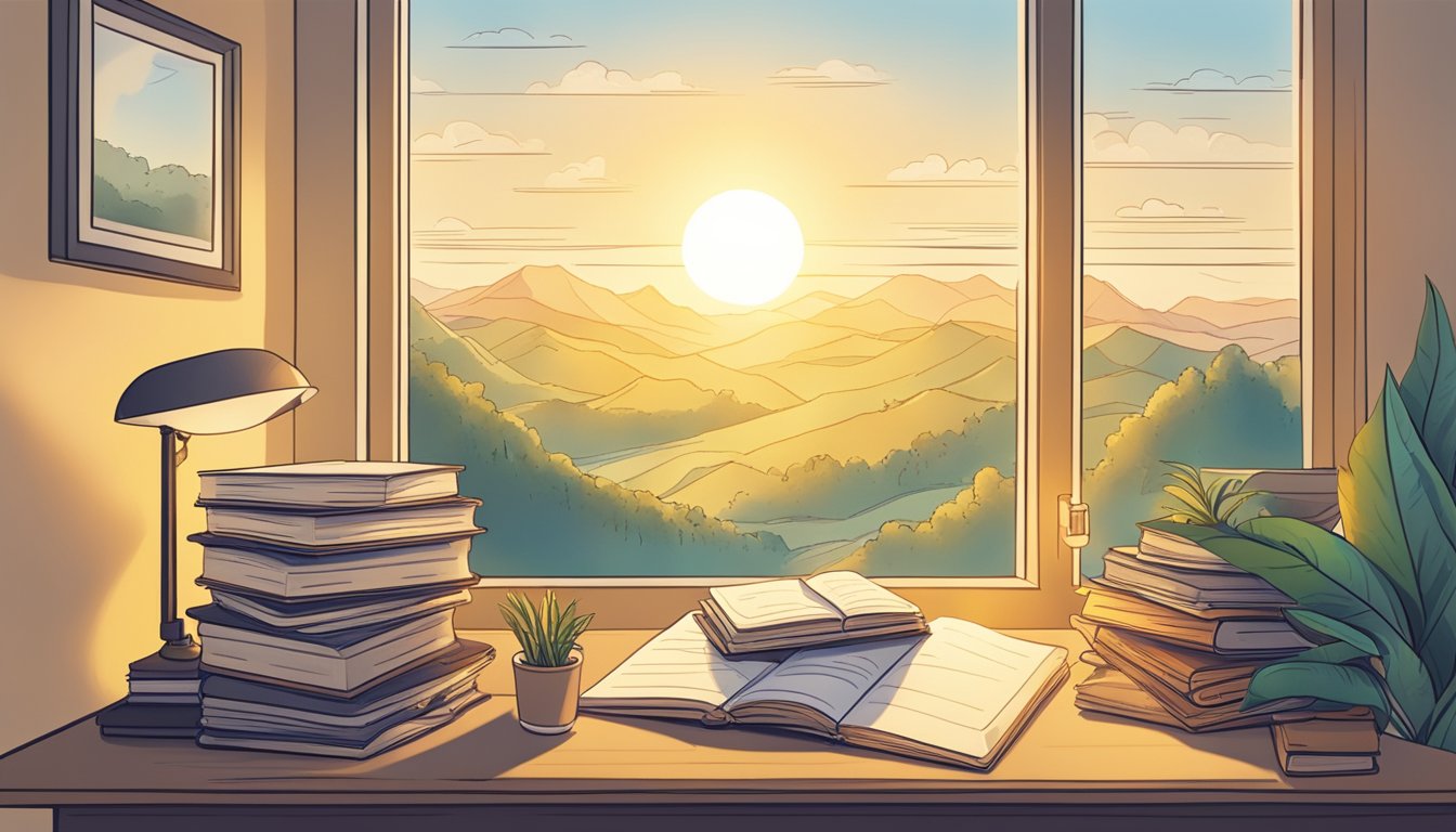 A bright sun rising over a calm, serene landscape with a stack of books and a pencil on a desk, surrounded by motivational quotes and encouraging messages