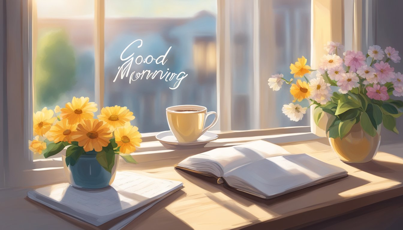 A sunlit window with a vase of fresh flowers, a steaming cup of coffee, and a handwritten note with the words "Good Morning" on it