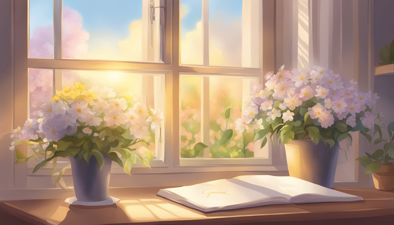 A handwritten note with "Good Morning" written on it, surrounded by delicate flowers and a soft, warm light streaming in through a window