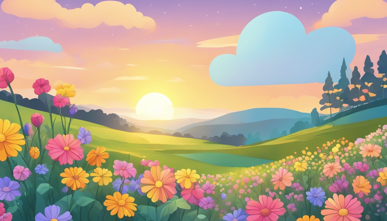 Colorful flowers and a cheerful sun rising over a peaceful landscape, with a message in a speech bubble saying "Funny Good Morning Wishes for Ex-Girlfriend."