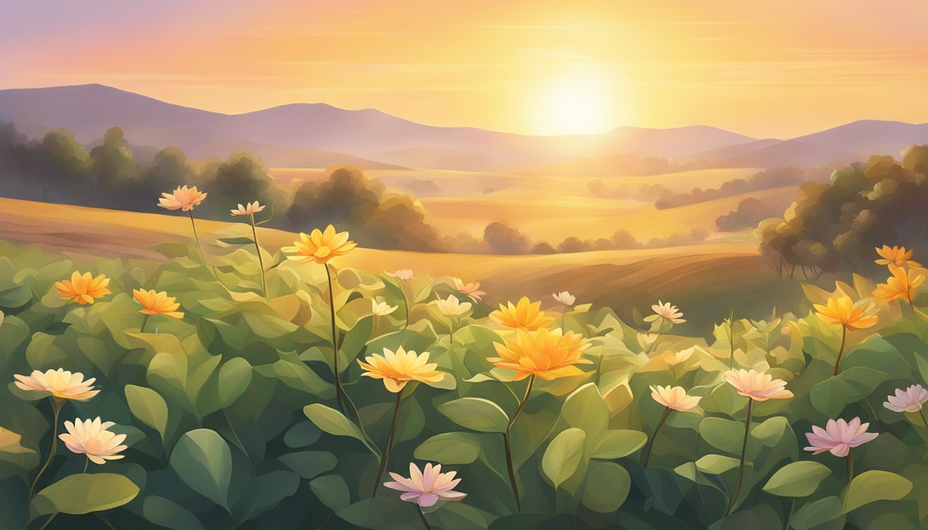 A sun rises over a peaceful landscape, with a gentle breeze rustling the leaves of trees. A single flower blooms, symbolizing hope and new beginnings