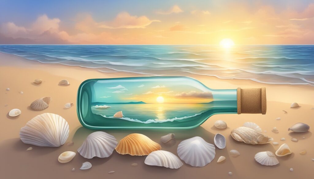 inspirational good morning message for him showing bottle and shells on a beach