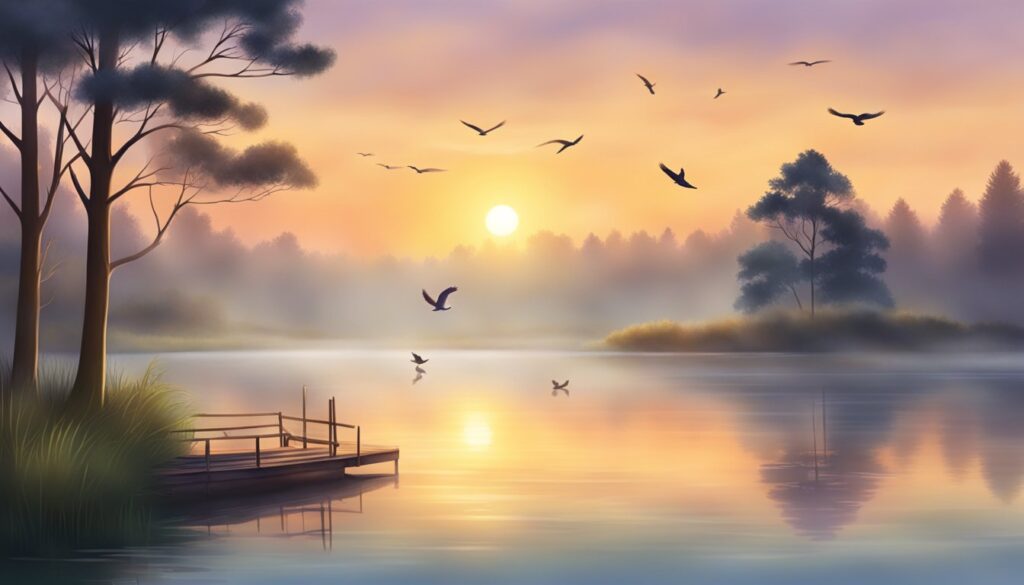 A serene sunrise over a tranquil lake, with mist rising and birds singing, creating a peaceful and spiritual atmosphere for morning wishes for dad
