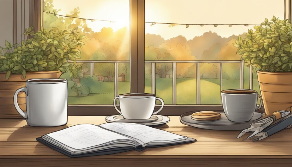 Sunrise over a peaceful garden with a mug of steaming coffee on a table, surrounded by a father's favorite tools and a handwritten note saying "Good morning, Dad."