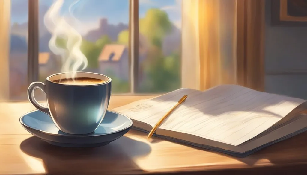 A steaming cup of coffee sits on a table next to a handwritten note that reads "Best Good Morning Messages for Dad." Sunlight streams in through a window, casting a warm glow over the scene