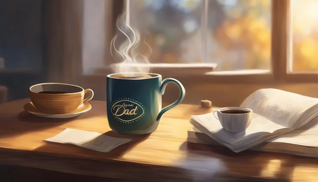 A steaming cup of coffee sits on a wooden table, accompanied by a handwritten note that reads "Good Morning, Dad." Sunlight streams in through a window, casting a warm glow over the scene