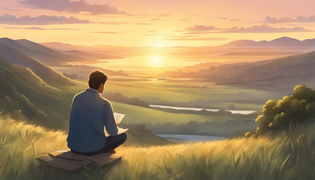 Sunrise over a serene landscape, with a fatherly figure in the distance, reading a heartfelt good morning message