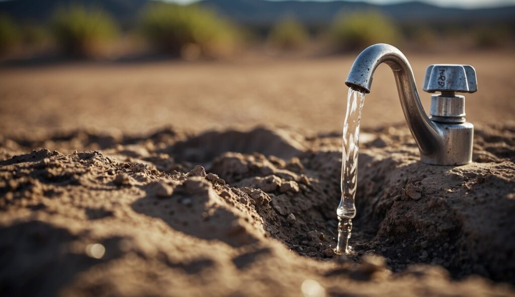 tap with running water in the desert campaigning to save water with slogans