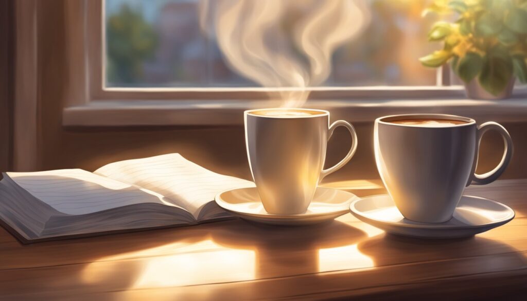 A steaming cup of coffee sits on a table next to a handwritten note that reads "Good Morning Dad." Sunlight streams through the window, casting a warm glow on the scene