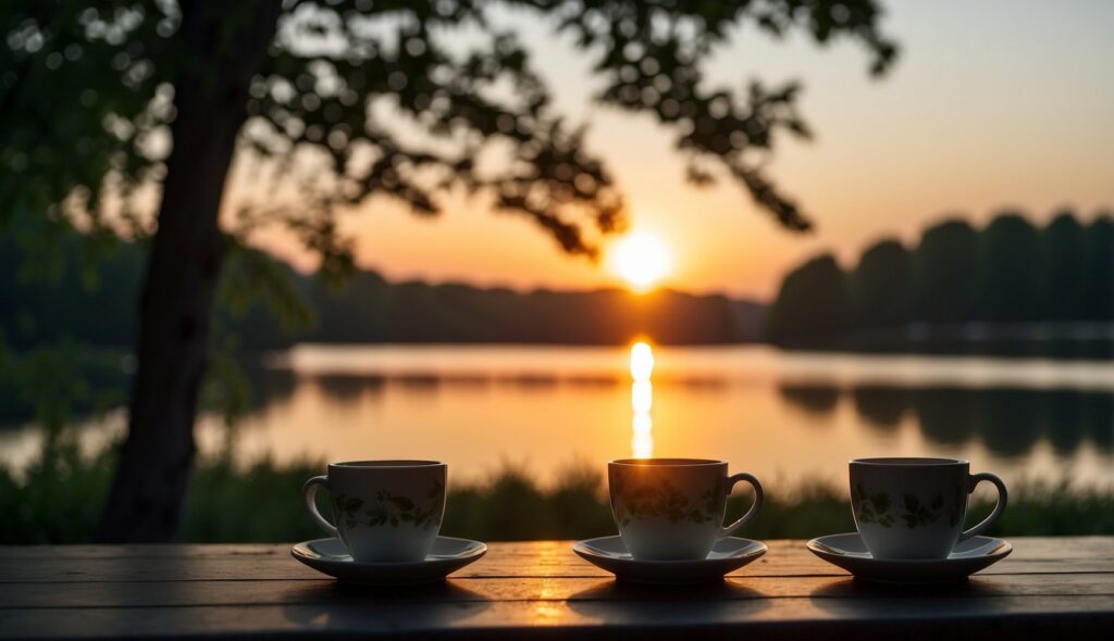 Sunrise over calm water, birds chirping in trees, a warm cup of coffee on a peaceful Sunday morning