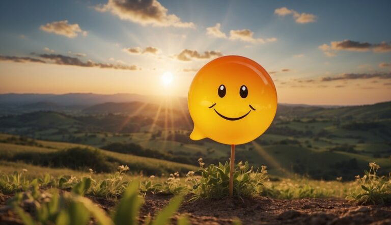 A smiling sun rises over a colorful landscape, with a speech bubble containing "good morning messages with sorry" message floating in the air