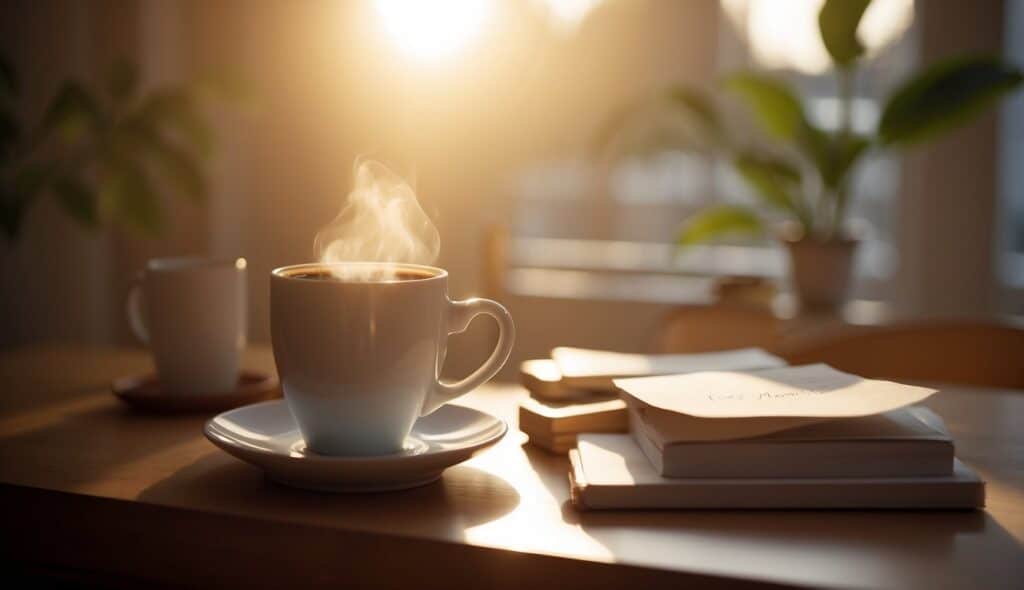 A cheerful sun rises over a cozy kitchen table with a steaming cup of coffee and a note that reads "Funny Good Morning Messages for mom."