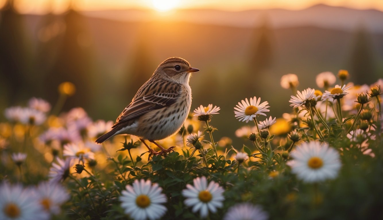 A cheerful sun rises over a colorful landscape, with birds chirping and flowers blooming, conveying a warm and loving atmosphere for a good morning message for daughter