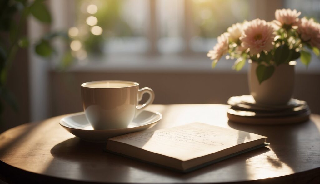 A serene, sunlit room with a small table holding a cup of tea and a handwritten note with the words "Good Morning Prayer Messages for Mom" written on it