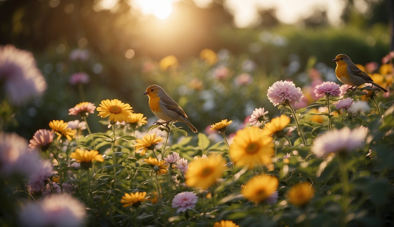 A bright sun rises over a peaceful garden, with colorful flowers and chirping birds. A small note with "Good morning, daughter" is nestled among the blooms