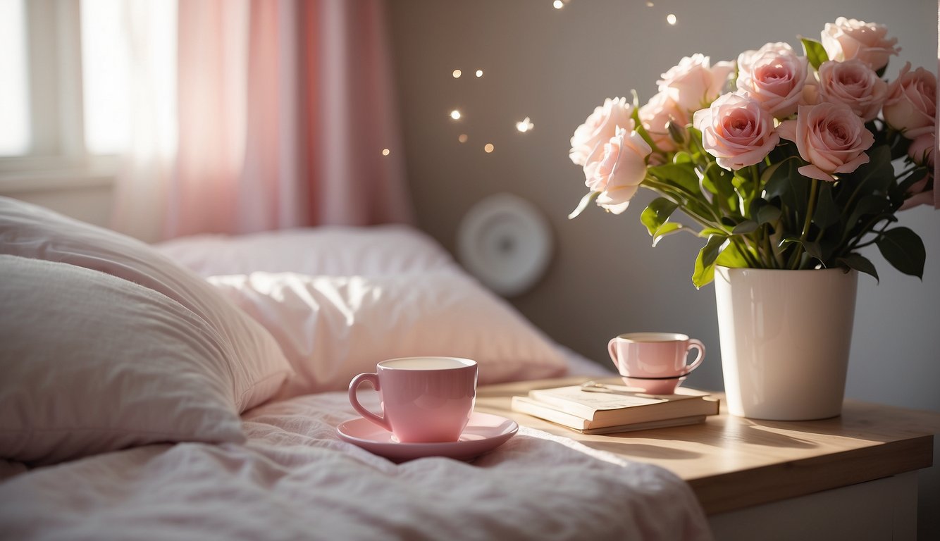 A sunlit bedroom with a pink and white color scheme. A handwritten note with "Good Morning daughter" and hearts sits on a bedside table