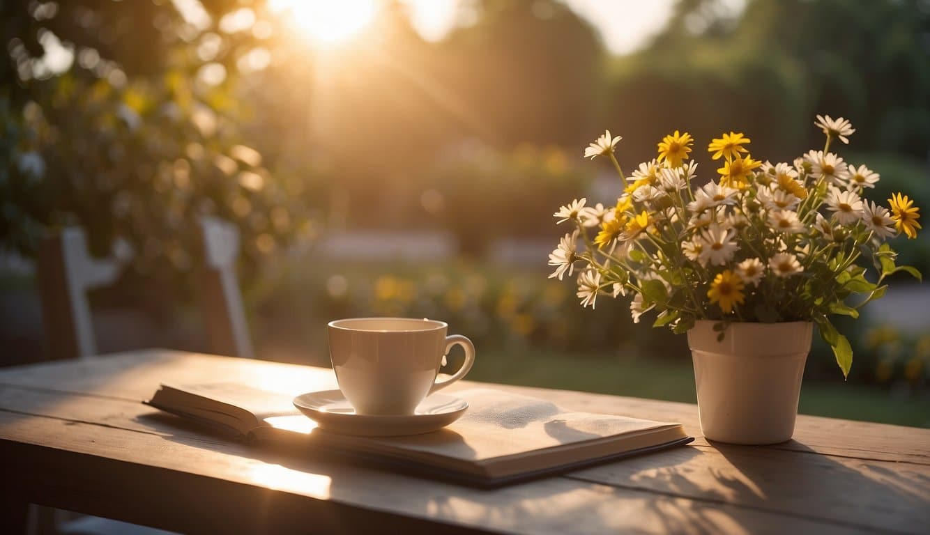 A sun rising over a tranquil garden, with birds chirping and flowers blooming, as a note with "Good Morning Mom" rests on a table