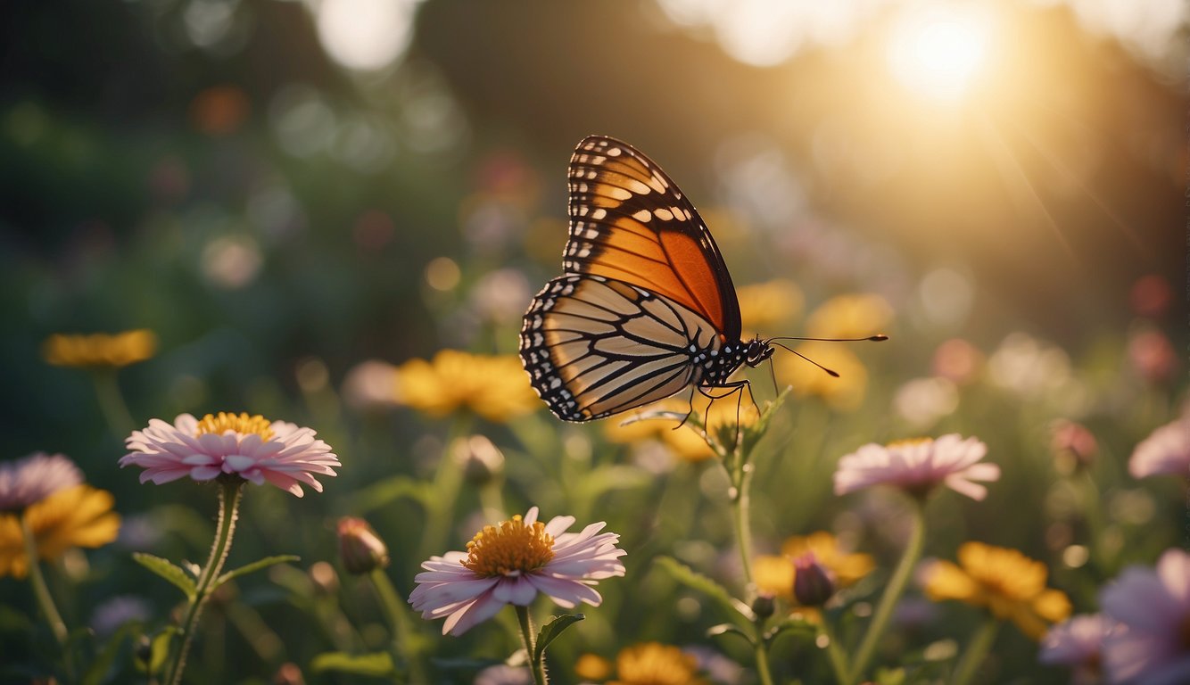 Sunrise over a serene garden with colorful flowers, a butterfly fluttering by, and a small note with "Good Morning" written on it