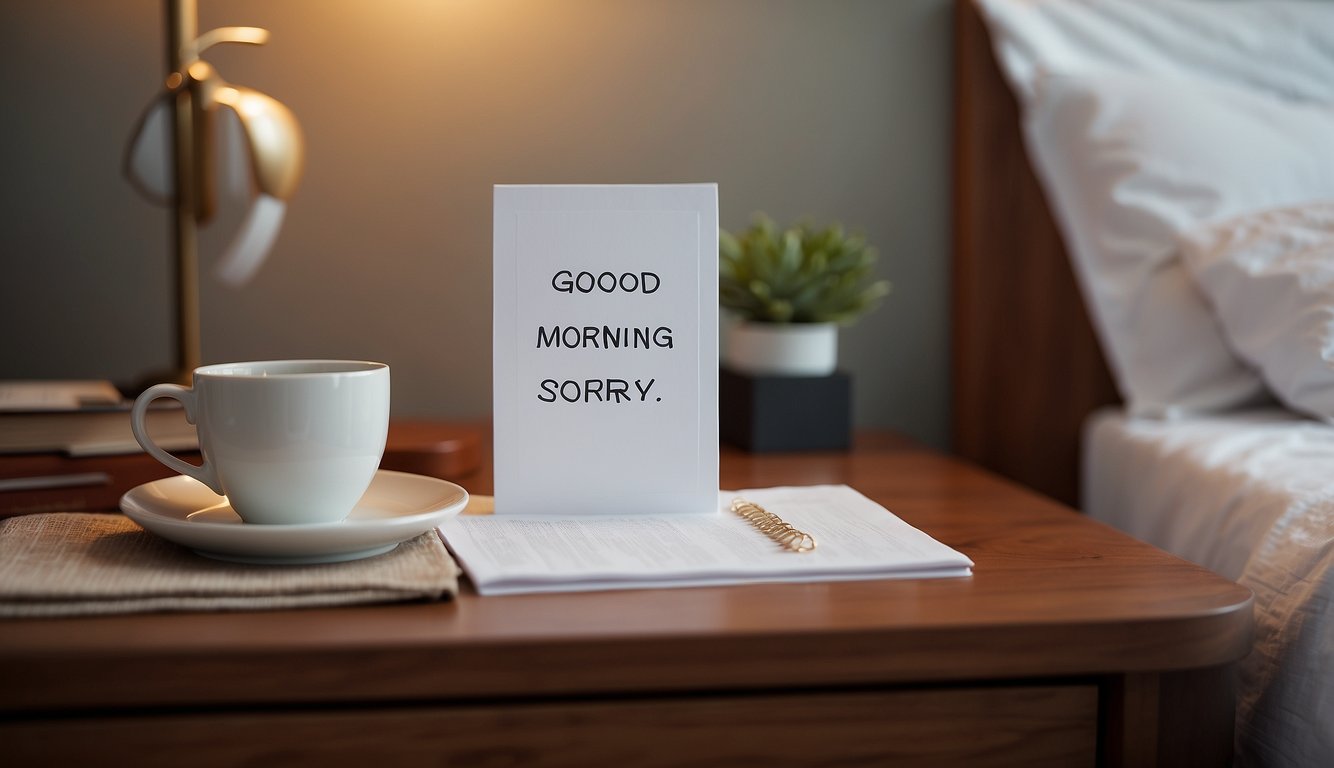 A handwritten note saying "Good morning" with "Sorry" written underneath, placed on a bedside table with a cup of coffee