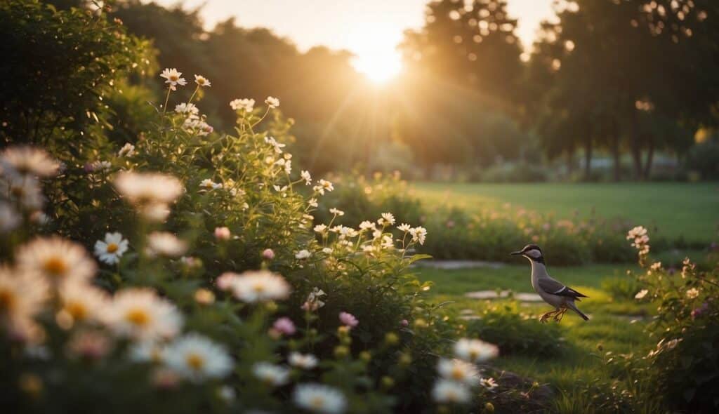 A serene sunrise over a tranquil garden, with birds chirping and flowers blooming. A peaceful scene with a warm glow, evoking love and appreciation for mother on a good morning.