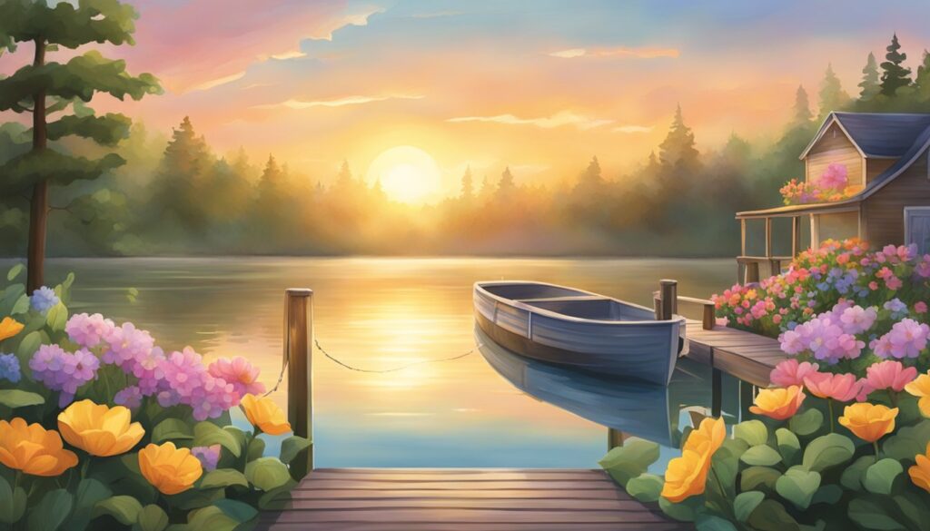 Sunrise over a serene lake with a dock, where a handwritten "Good Morning Uncle" message is tied to a buoy, surrounded by colorful flowers