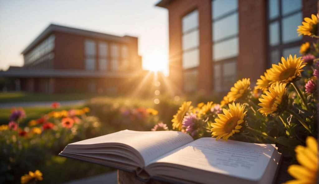 A bright sunrise over a peaceful school building, with a stack of cheerful good morning notes for the teacher, surrounded by colorful flowers