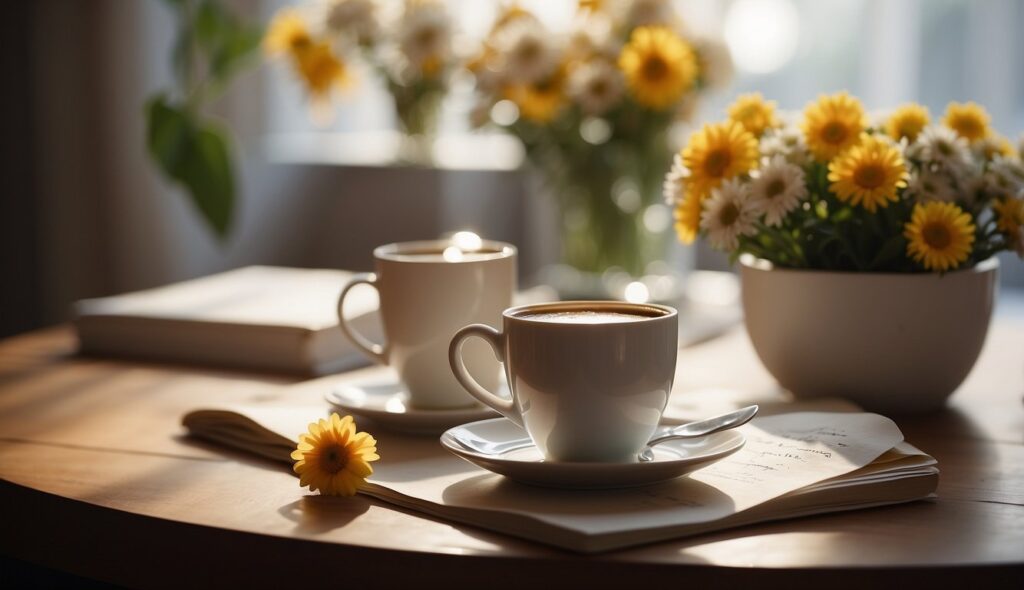 A table with a cup of coffee, a vase of flowers, and a note with "good morning" on it