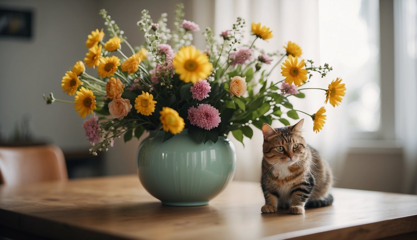 A cat knocking over a vase of flowers on a table with a "Sorry" good morning message