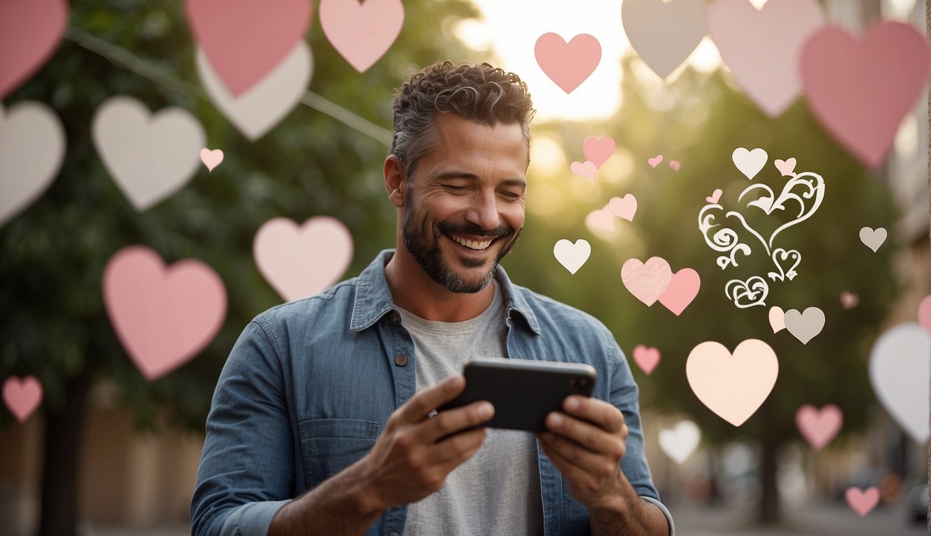 man reading a positive good morning message on his smartphone with a smile, surrounded by text bubbles and hearts