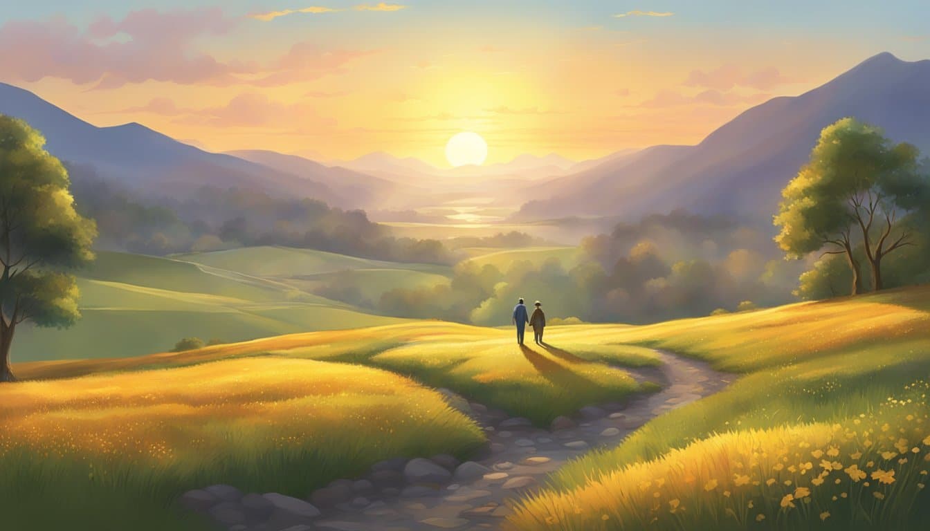 A bright sunrise over a peaceful landscape with a fatherly figure in the distance, giving warm good morning wishes to son.