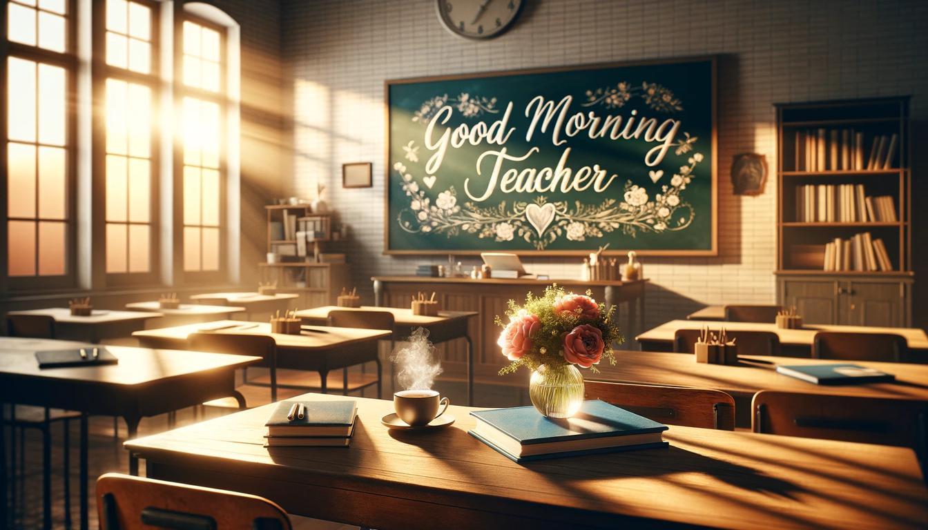 a classroom filled with warm sunlight and featuring a chalkboard with "Good Morning Teacher" message written in beautiful calligraphy. A small table with fresh flowers and a cup of steaming coffee adds to the scene, creating a serene and inviting atmosphere.