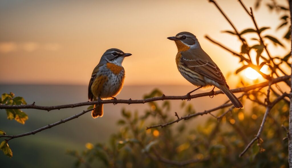 A sun rising over a serene landscape with a colorful sky. A small bird chirping on a branch, symbolizing the start of a new day