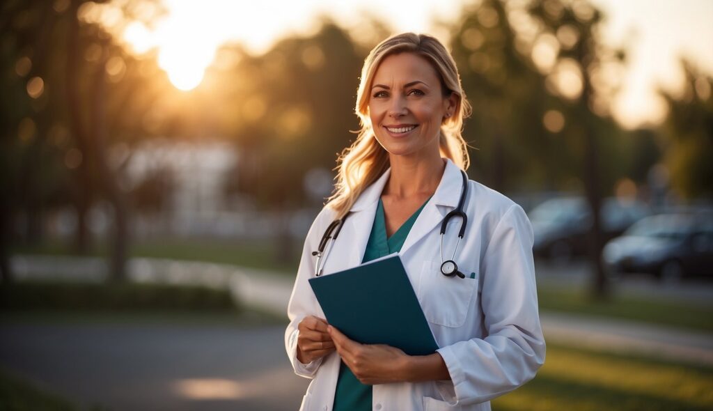 A smiling female doctor holds medical records, facing the camera at sunset