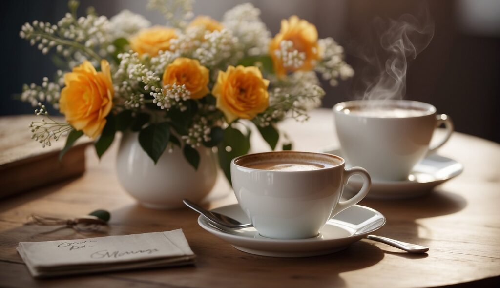 A table set with a steaming cup of coffee, a vase of fresh flowers, and a handwritten note with "Good Morning" written in elegant script