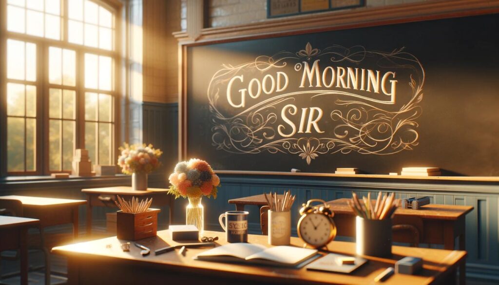 a classroom with warm sunlight, a chalkboard with "Good Morning Sir" message written in beautiful calligraphy, and a small table with stationery items and bouquet of mixed flowers