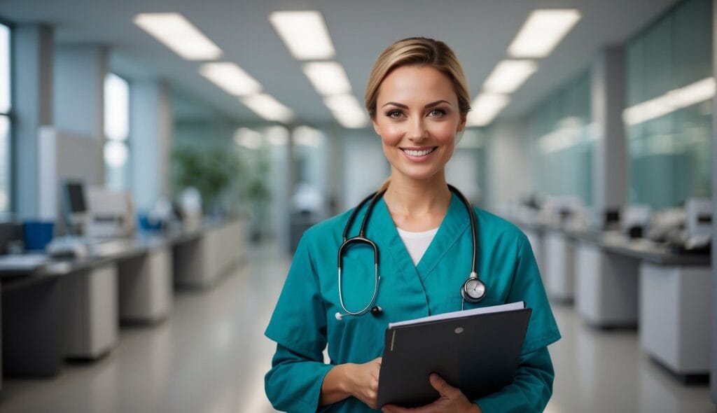 A smiling female doctor holds medical records looking at the camera receiving good morning messages for doctors