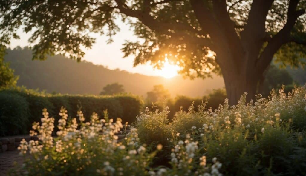 A serene sunrise over a tranquil garden with a soft glow illuminating a collection of heartfelt good morning prayer messages for her
