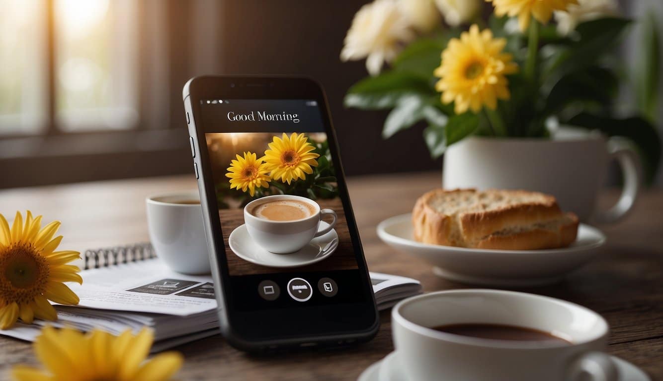 A phone screen with a "Good Morning" text message displayed, surrounded by a warm cup of coffee and a fresh flower