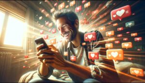 man reading a phone with a smile, surrounded by text bubbles and hearts, symbolizing receiving positive good morning messages for him