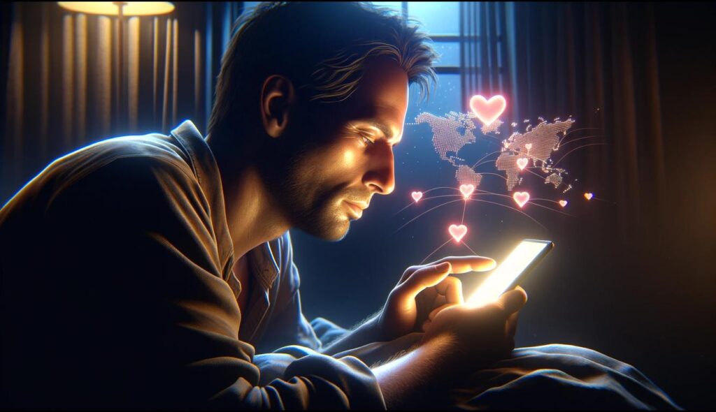 emotional moment of a man reading a text from his partner in a long-distance relationship, illuminated by the soft glow of his smartphone