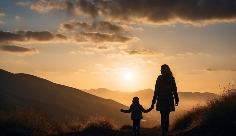 Mother and child silhouette walking in the distance, wide shot of hills at sunrise with good morning messages for moms