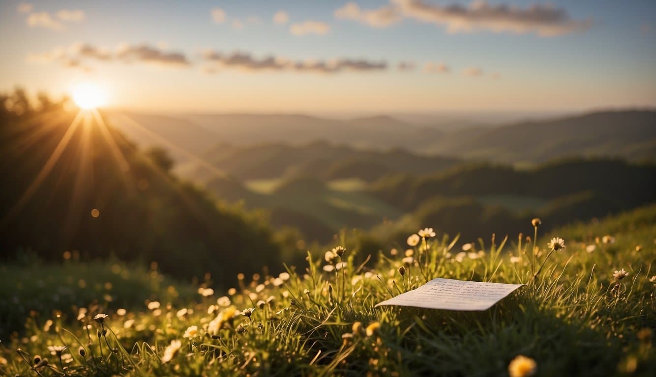 A bright sunrise over a serene landscape with a small note with good morning prayer message for son floating in the air, surrounded by a sense of peace and warmth