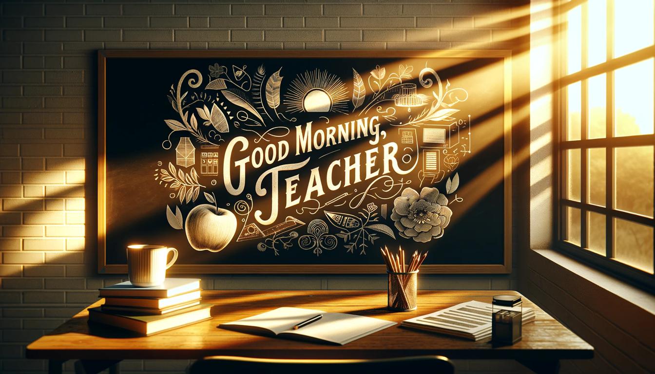 "Good Morning, Teacher" on the chalkboard, surrounded by artistic, drawing-like graphical designs in an elegant and inviting manner, set against the backdrop of a classroom bathed in the warm light of sunrise.