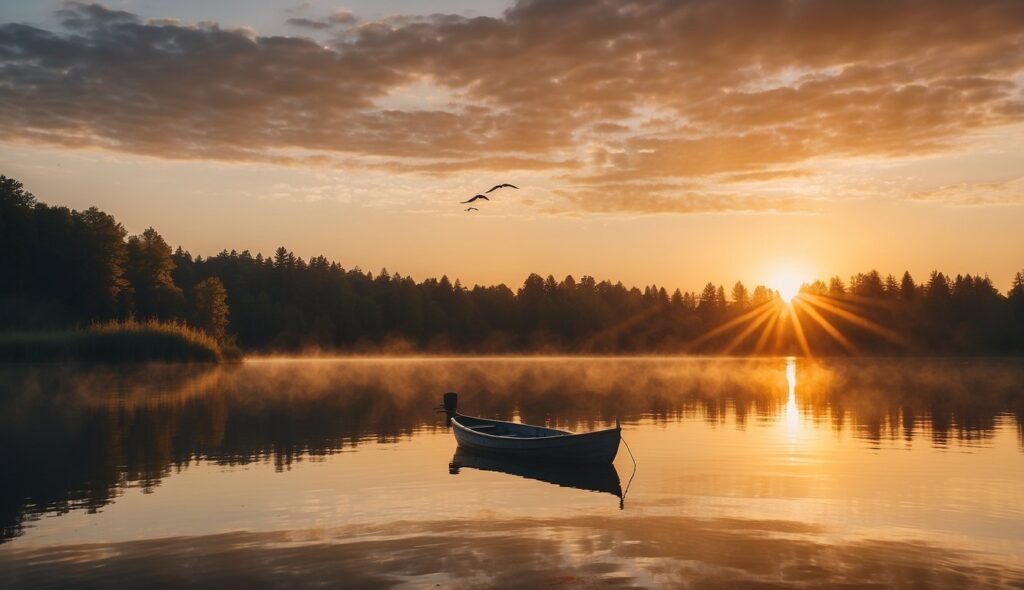 A bright sunrise over a calm lake, with a small boat in the distance and birds flying in the sky, evoking a sense of peace and tranquility